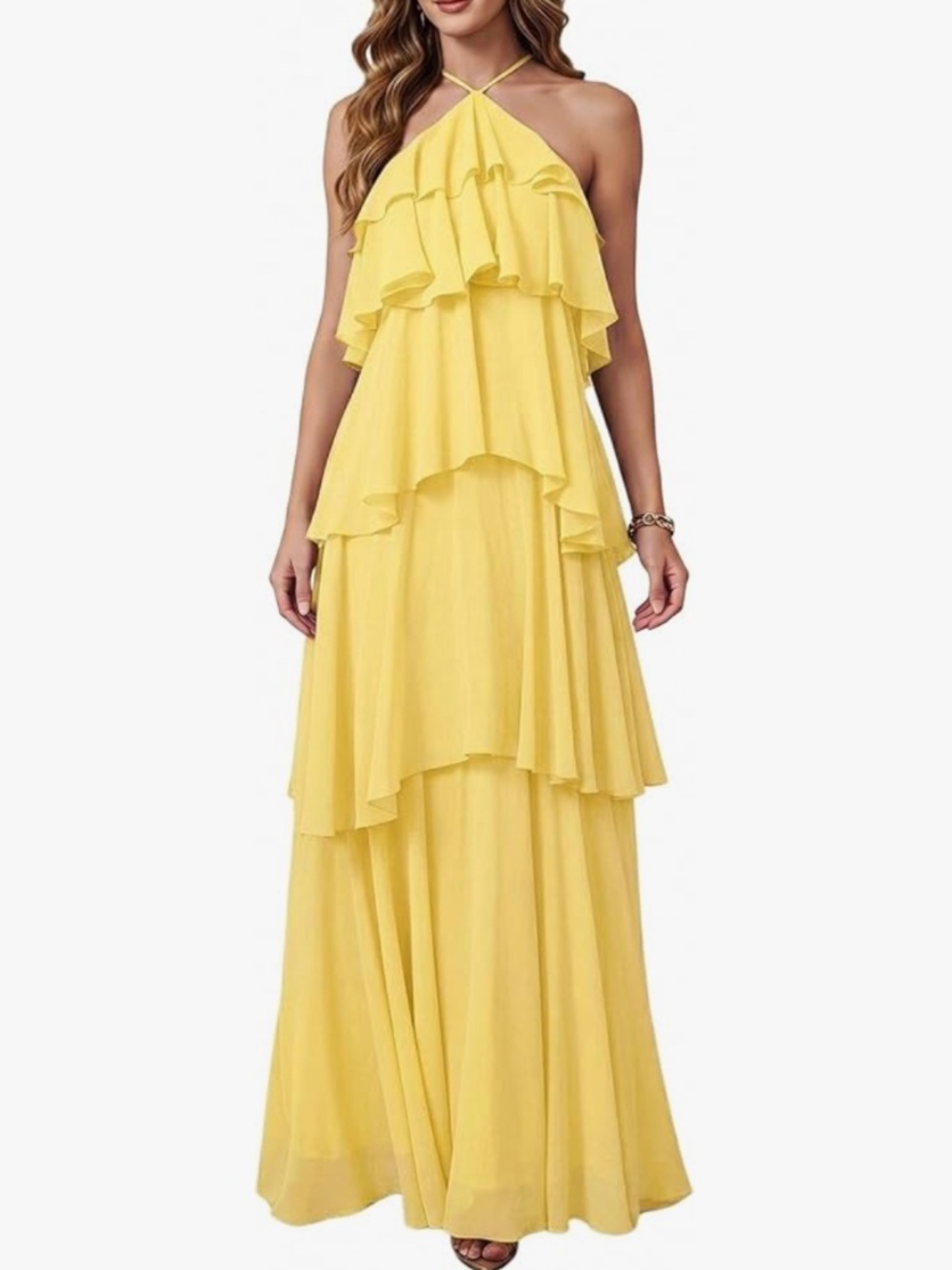 Yellow Ruffle Layered Halter Backless Formal Maxi Dress